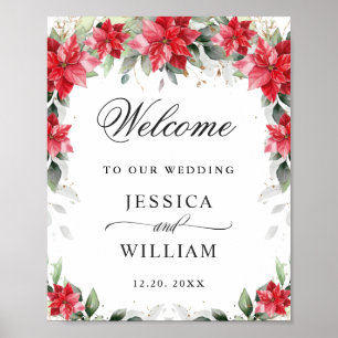 Elegant Red Poinsettia Eucalyptus Bröllop Välkomme Poster