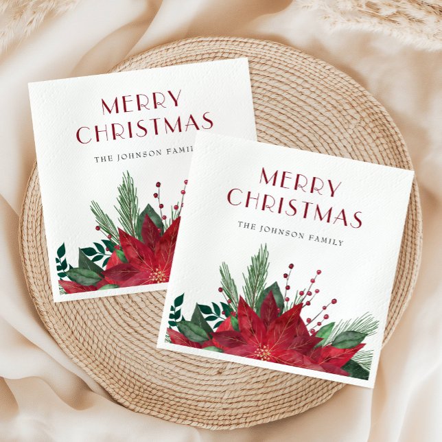 Elegant Red Poinsettia God jul Pappersservett (Elegant Red Poinsettia Merry Christmas Napkins)