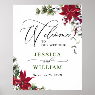 Elegant Red Poinsettia Gräs Fir Bröllop Välkommen Poster