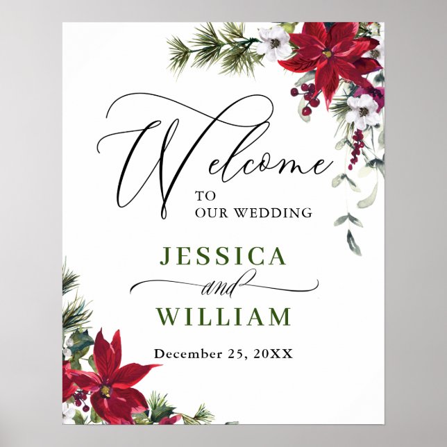 Elegant Red Poinsettia Gräs Fir Bröllop Välkommen Poster (Framsidan)