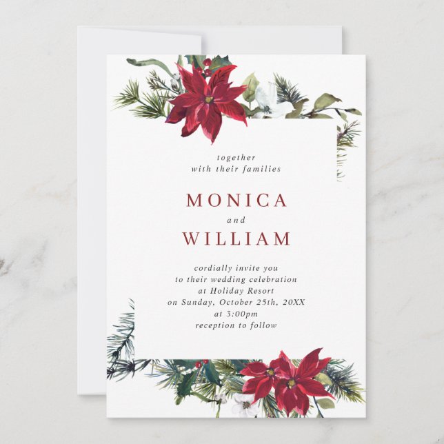 Elegant Red Poinsettia Gräs Fir Watercolor Bröllop Inbjudningar (Framsida)