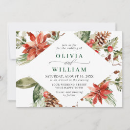Elegant Red Poinsettia Gräs Fir Watercolor Bröllop Inbjudningar