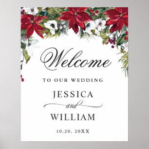 Elegant Red Poinsettia Gräs Päls Bröllop Välkommen Poster