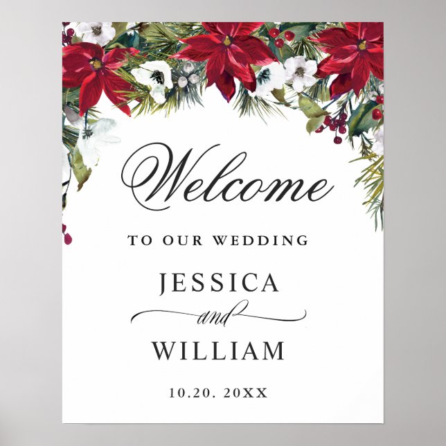 Elegant Red Poinsettia Gräs Päls Bröllop Välkommen Poster (Framsidan)