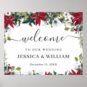 Elegant Red Poinsettia Gräs Päls Bröllop Välkommen Poster