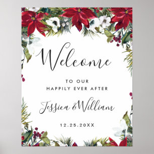 Elegant Red Poinsettia Gräs Päls Bröllop Välkommen Poster