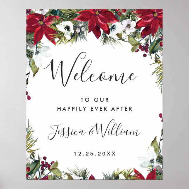 Elegant Red Poinsettia Gräs Päls Bröllop Välkommen Poster (Framsidan)