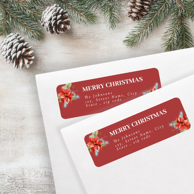 Elegant Red Poinsettia Holiday Return Address Returadress Etikett (Skapare uppladdad)