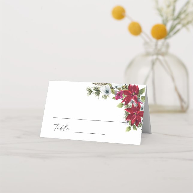 Elegant Red Poinsettia jul Bröllop Bord Placeringskort (Framsida)
