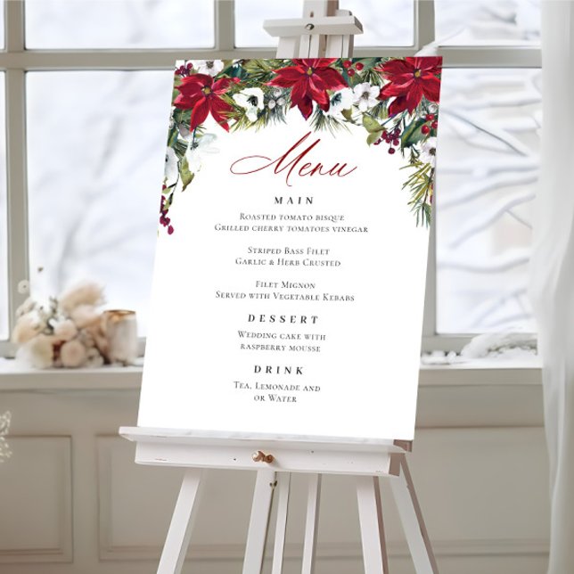 Elegant Red Poinsettia jul Bröllop Menu Poster (Skapare uppladdad)