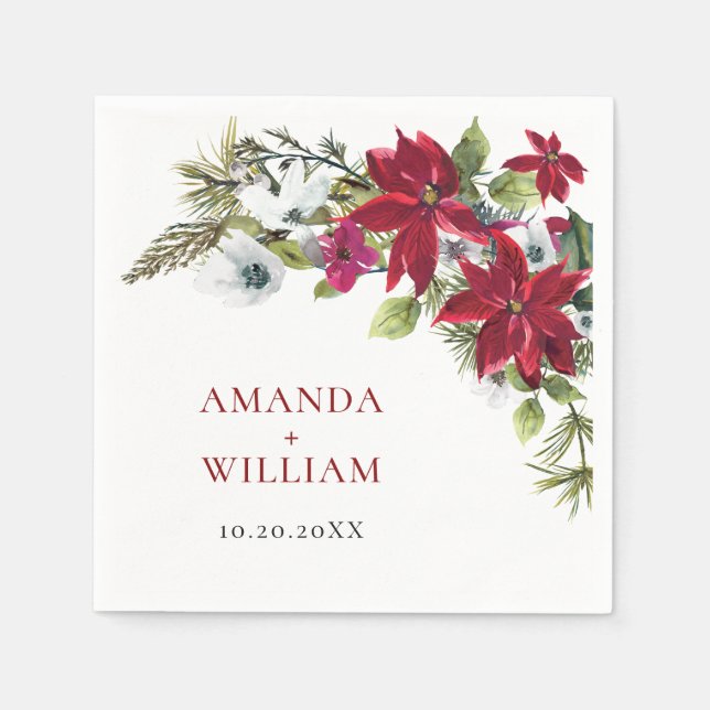Elegant Red Poinsettia jul Bröllop Pappersservett (Framsidan)