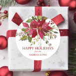 Elegant Red Poinsettia jul Glad helg Runt Klistermärke<br><div class="desc">Fästande klistermärken/sälar med handmålad vattenfärg poinsettia bouquet blommor och holly i grönt och djuprött bär färg. Enkel att redigera genom att lägga till texten. GLAD HELG eller GOD JUL . Lägg till dessa till dina familj- och kompisgåvor under julhelgen. Hämta matchande objekt i samlingen!</div>