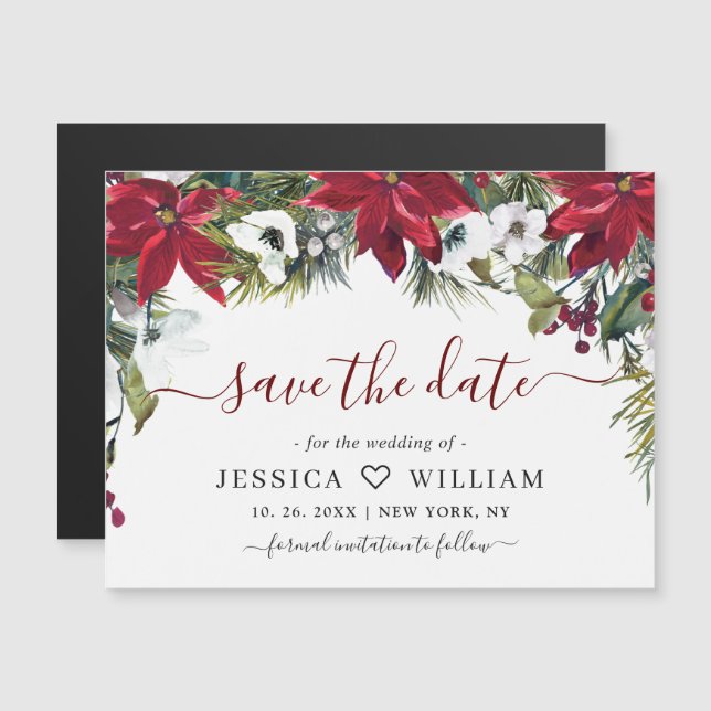 Elegant Red Poinsettia Spara datum Magnetic Card (Fram/baksida)