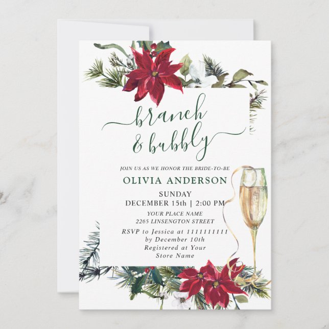 Elegant Red Poinsettia Watercolor Brunch & Bubly Inbjudningar (Framsida)