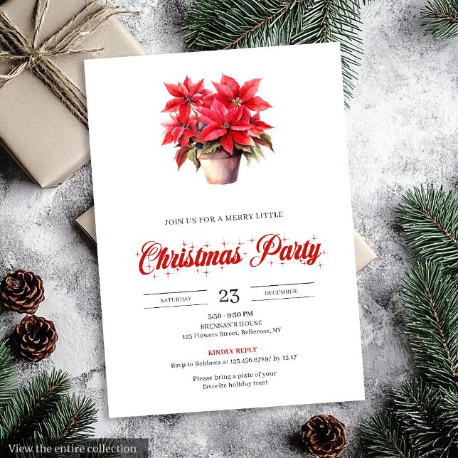 Elegant Red Poinsettia Watercolor Christmas Invite Inbjudningar (Elegant red poinsettia watercolor Christmas invitations with festive charm.)