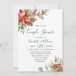Elegant Red Poinsettia Watercolor COUPLE SHOWER Inbjudningar