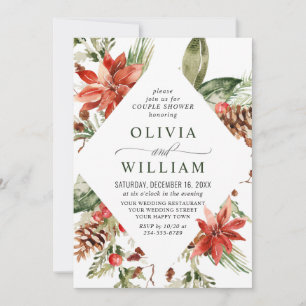 Elegant Red Poinsettia Watercolor COUPLE SHOWER Inbjudningar