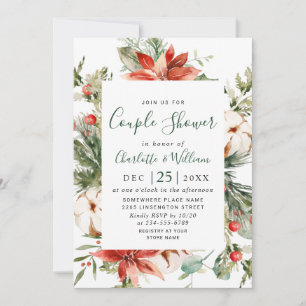 Elegant Red Poinsettia Watercolor COUPLE SHOWER Inbjudningar