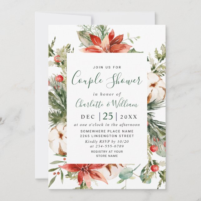 Elegant Red Poinsettia Watercolor COUPLE SHOWER Inbjudningar (Framsida)