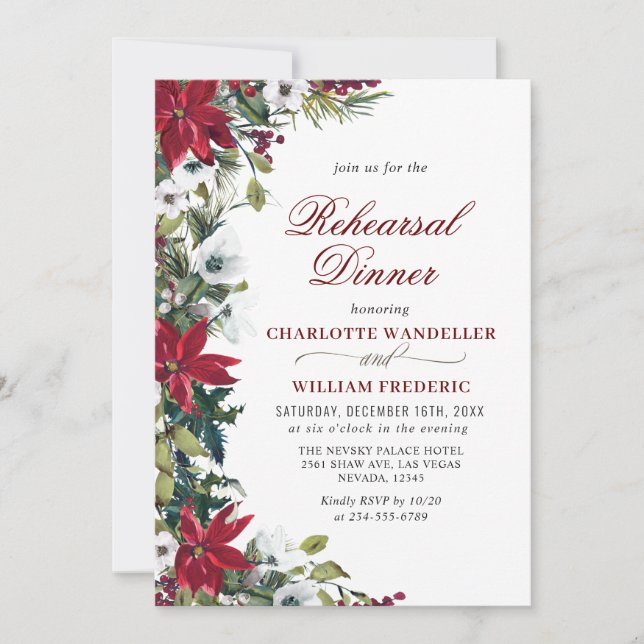 Elegant Red Poinsettia Watercolor REHEARSAL DINNER Inbjudningar (Framsida)