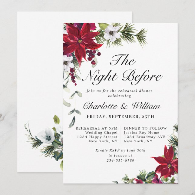 Elegant Red Poinsettia Watercolor REHEARSAL DINNER Inbjudningar (Fram/baksida)