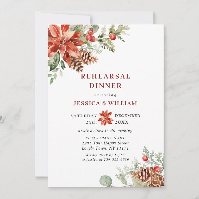 Elegant Red Poinsettia Watercolor REHEARSAL DINNER Inbjudningar (Framsida)