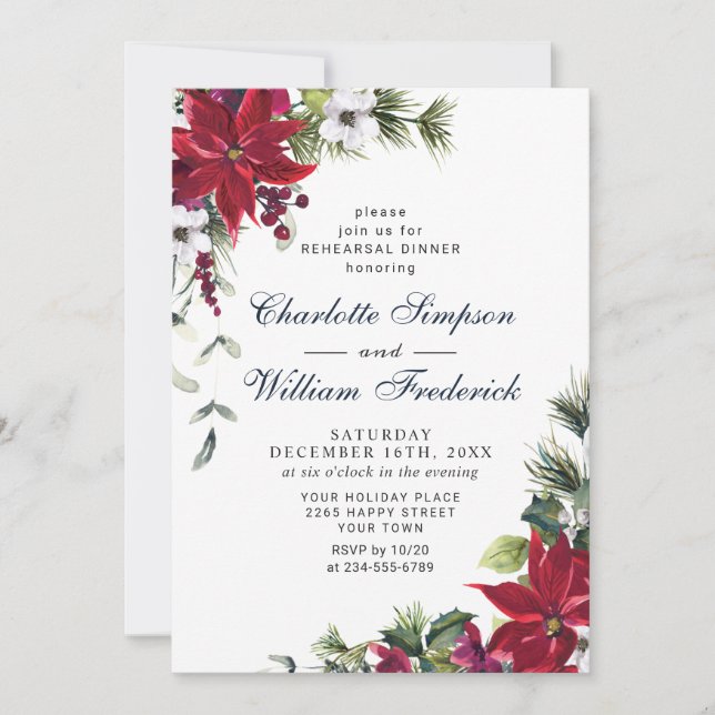 Elegant Red Poinsettia Watercolor REHEARSAL DINNER Inbjudningar (Framsida)