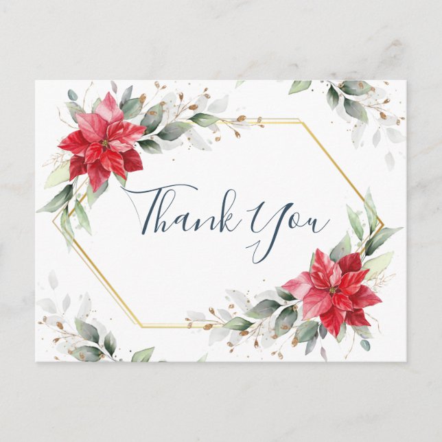 Elegant Red Poinsettia Winter Greenery Tack Vykort (Framsida)