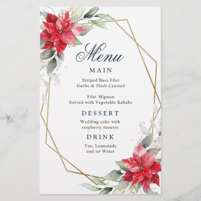 Elegant Red Poinsettia Winter Wedding Menu (Framsida)