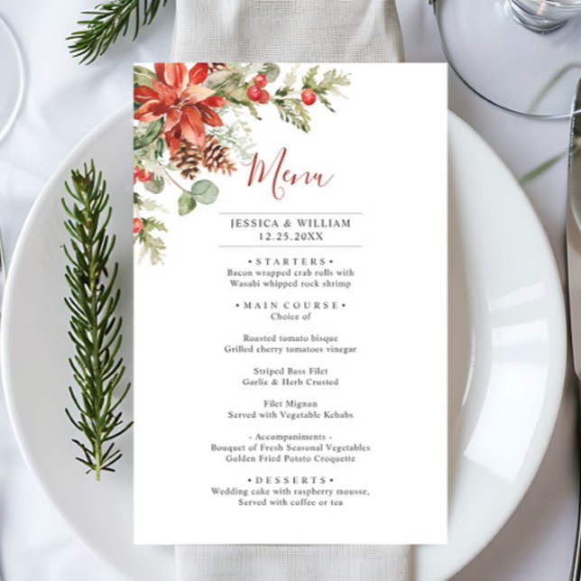 Elegant Red Poinsettia Winter Wedding Menu (Skapare uppladdad)
