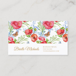 Elegant Red Poppies and Butterflies and Guld Scrip Visitkort
