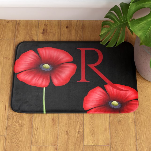 Elegant Red Poppies Monogram Black Bath Mat Badrumsmatta (Pop your initial on this pretty poppy bath mat and pop it in your bathroom)