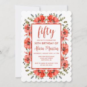 Elegant Red Poppy Grey 50 Birthday Inbjudningar