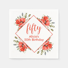 Elegant Red Poppy Grey 50 Birthday Pappersservett