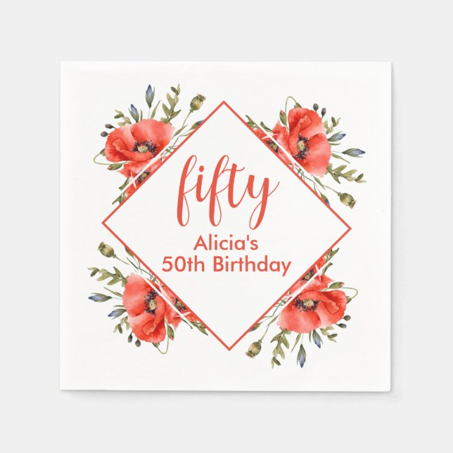 Elegant Red Poppy Grey 50 Birthday Pappersservett (Framsidan)