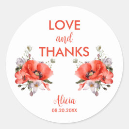 Elegant Red Poppy Grey Kärlek och tack Runt Klistermärke