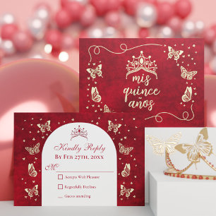 Elegant Red Quinceañera 15:e Guld Tiara Butterfly OSA Kort