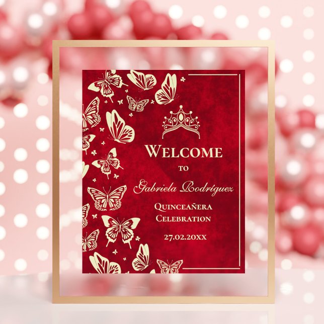 Elegant Red Quinceañera Butterflies Välkommen Poster (Elegant Gold Red Quinceañera Butterflies Welcome Poster)