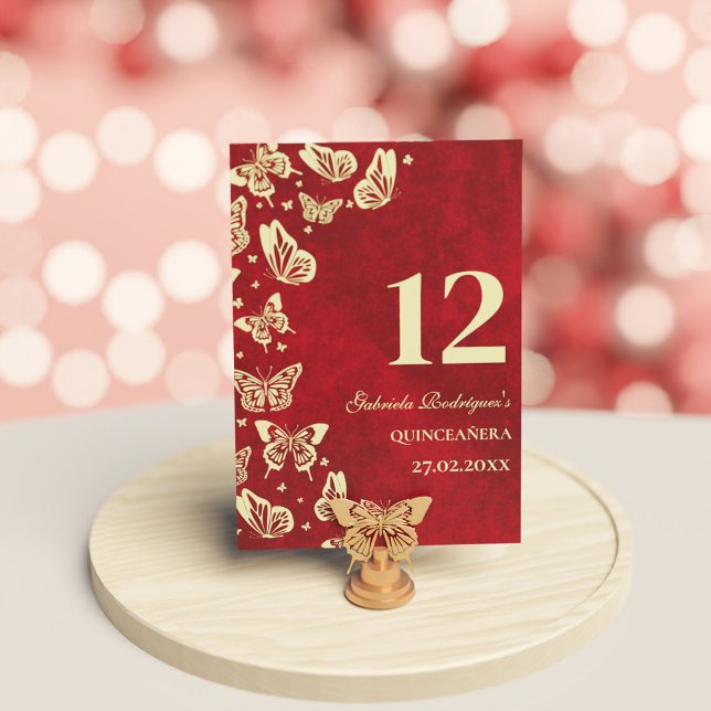 Elegant Red Quinceañera Guld Butterflies Sittling Bordsnummer (Elegant Red Quinceañera Gold Butterflies Seating Table Number)