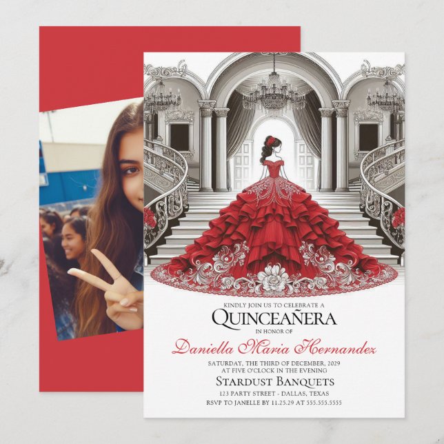 Elegant Red Quinceañera-inbjudan Inbjudningar (Fram/baksida)