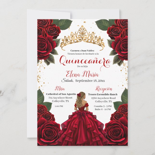Elegant Red Quinceañera Ro Guld Glitter Inbjudningar (Framsida)