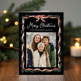 Elegant Red Ribbon and Greenery Black Photo Helgkort