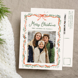 Elegant Red Ribbon and Greenery Cream 2 Photo Helg Vykort