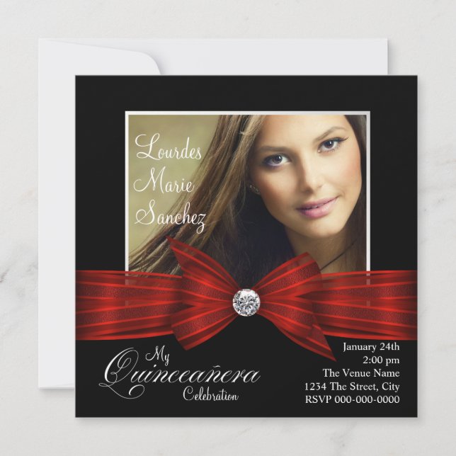 Elegant Red Ribbon Black Red Photo Quinceanera Inbjudningar (Framsida)