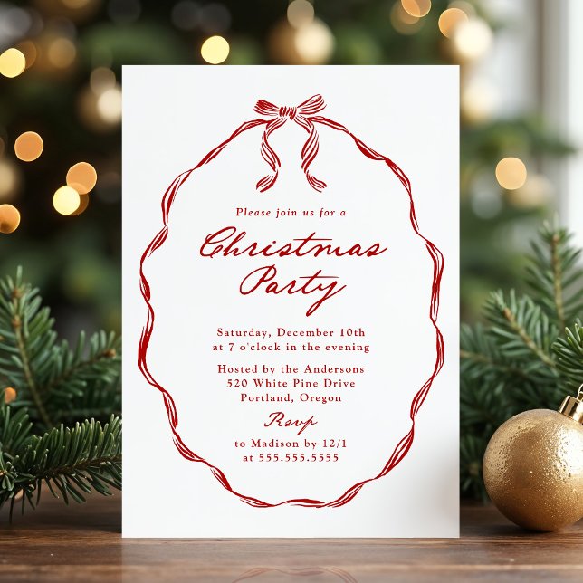 Elegant Red Ribbon Frame Christmas Party Inbjudningar (Skapare uppladdad)