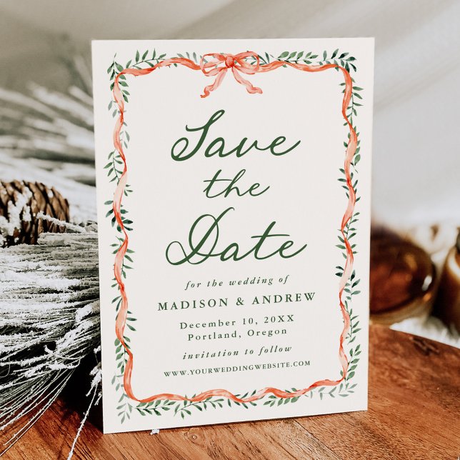 Elegant Red Ribbon Greenery Cream Helgdag Bröllop Spara Datumet (Skapare uppladdad)