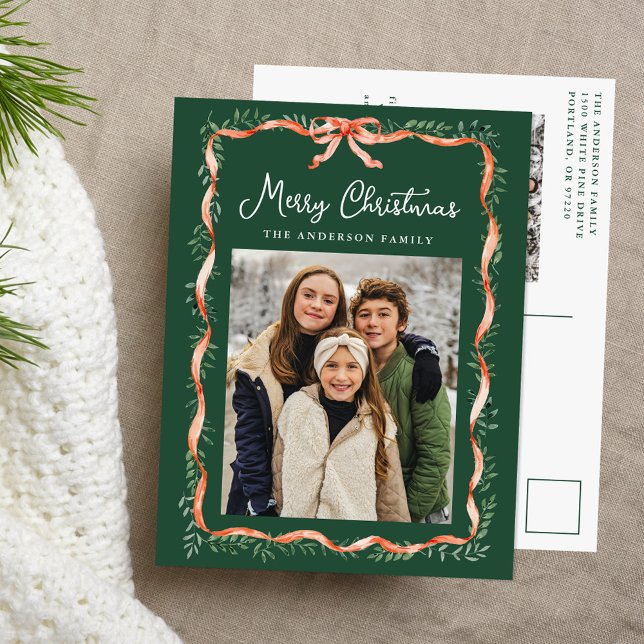 Elegant Red Ribbon och Greenery 2 Photo Helg Vykort (Skapare uppladdad)