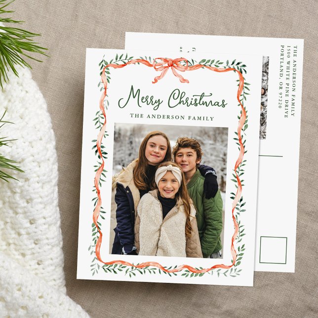 Elegant Red Ribbon och Greenery 2 Photo Helg Vykort (Skapare uppladdad)