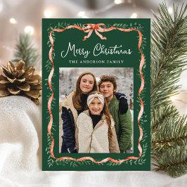 Elegant Red Ribbon och Greenery 2 Photo Julkort