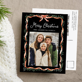 Elegant Red Ribbon och Greenery Black 2 Photo Helg Vykort